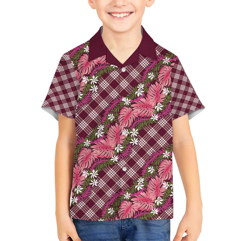 Polynesian Monstera Tiare Floral Family Matching Off Shoulder Short Dress and Hawaiian Shirt Fuchsia Tropical Plaid LT01 Son's Shirt Pink - Polynesian Pride