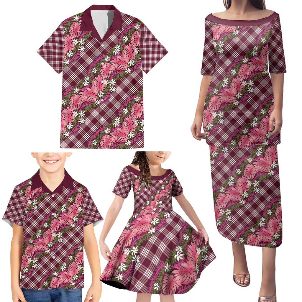 Polynesian Monstera Tiare Floral Family Matching Puletasi and Hawaiian Shirt Fuchsia Tropical Plaid - Polynesian Pride
