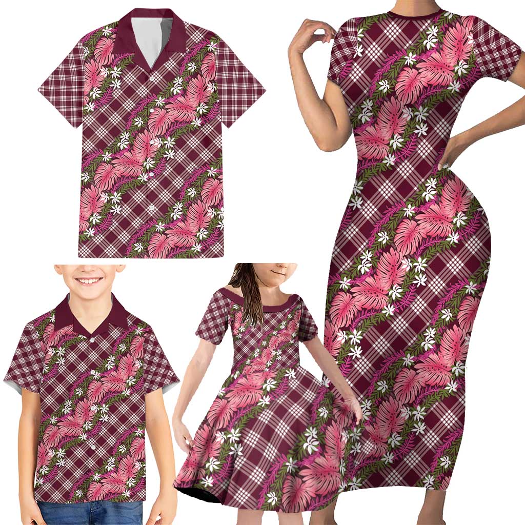 Polynesian Monstera Tiare Floral Family Matching Short Sleeve Bodycon Dress and Hawaiian Shirt Fuchsia Tropical Plaid LT01 - Polynesian Pride