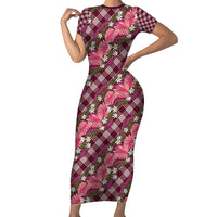 Polynesian Monstera Tiare Floral Family Matching Short Sleeve Bodycon Dress and Hawaiian Shirt Fuchsia Tropical Plaid LT01 Mom's Dress Pink - Polynesian Pride