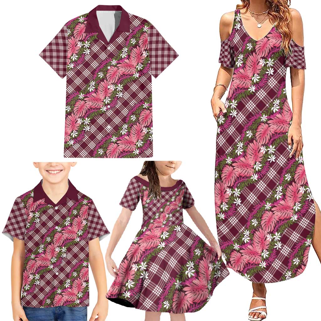 Polynesian Monstera Tiare Floral Family Matching Summer Maxi Dress and Hawaiian Shirt Fuchsia Tropical Plaid - Polynesian Pride