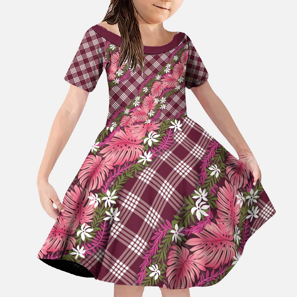 Polynesian Monstera Tiare Floral Family Matching Tank Maxi Dress and Hawaiian Shirt Fuchsia Tropical Plaid LT01 Daughter's Dress Pink - Polynesian Pride