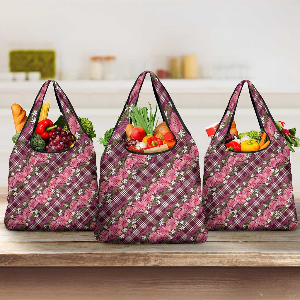 Polynesian Monstera Tiare Floral Grocery Bag Fuchsia Tropical Plaid - Polynesian Pride
