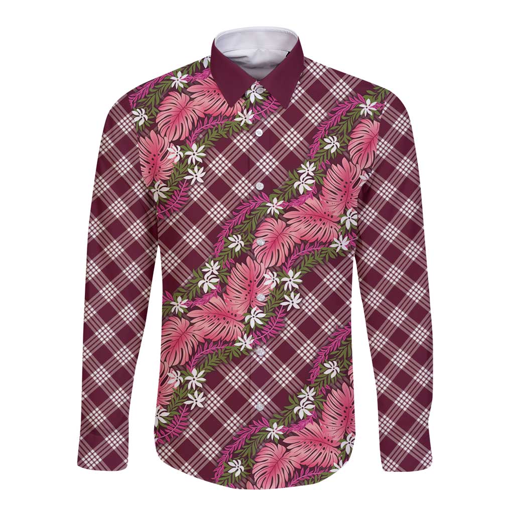Polynesian Monstera Tiare Floral Long Sleeve Button Shirt Fuchsia Tropical Plaid LT01 Unisex Pink - Polynesian Pride
