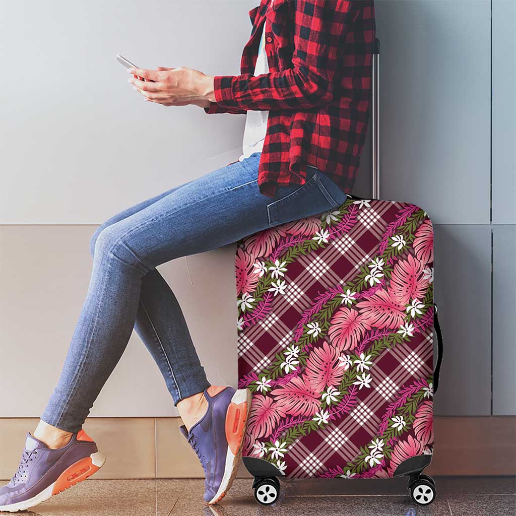 Polynesian Monstera Tiare Floral Luggage Cover Fuchsia Tropical Plaid - Polynesian Pride