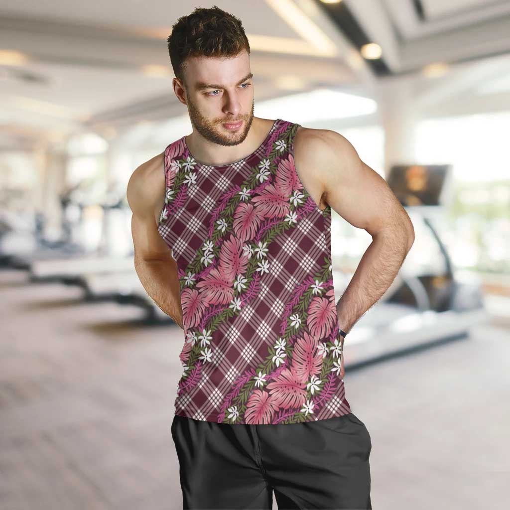 Polynesian Monstera Tiare Floral Men Tank Top Fuchsia Tropical Plaid LT01 Pink - Polynesian Pride