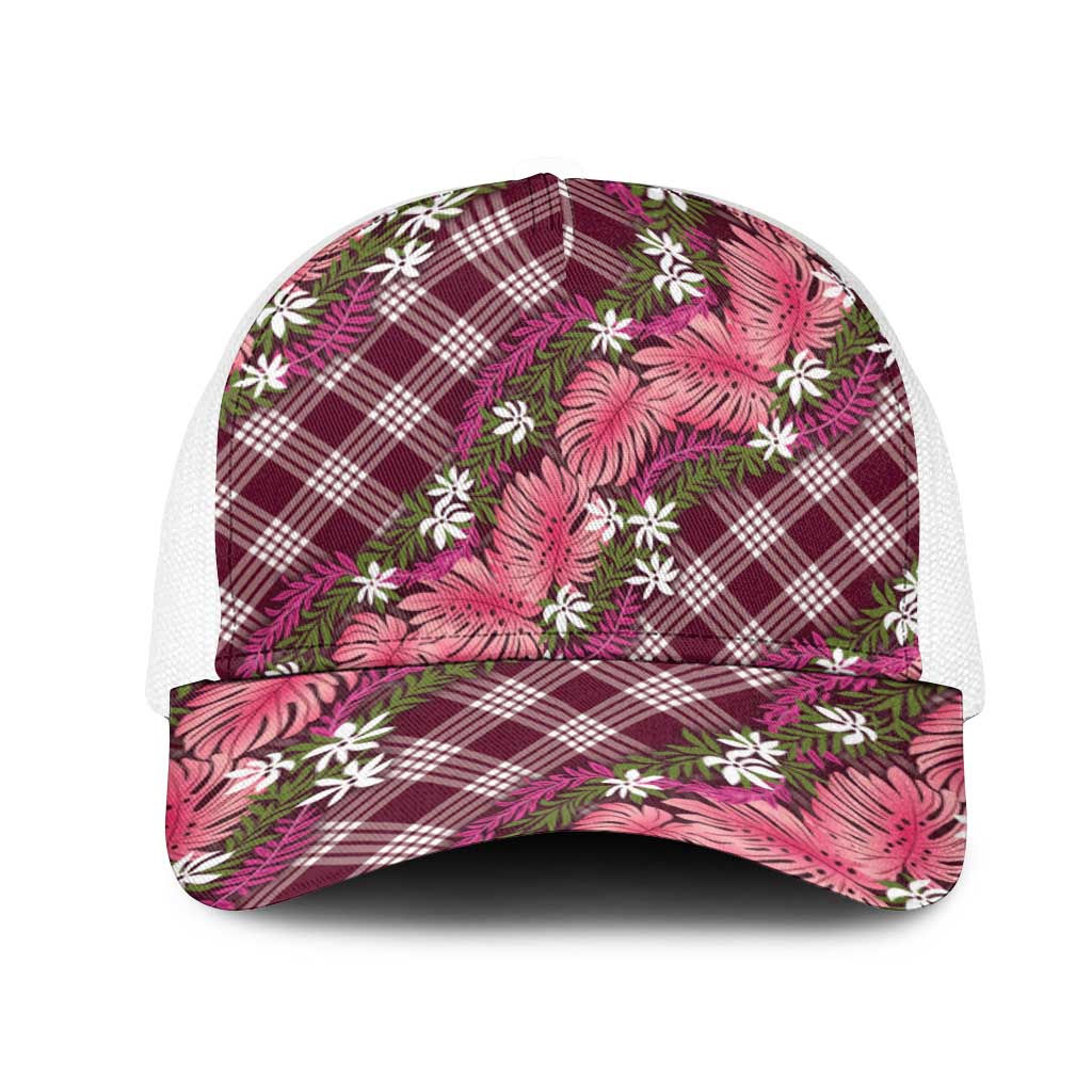 Polynesian Monstera Tiare Floral Mesh Trucker Cap Fuchsia Tropical Plaid - Polynesian Pride