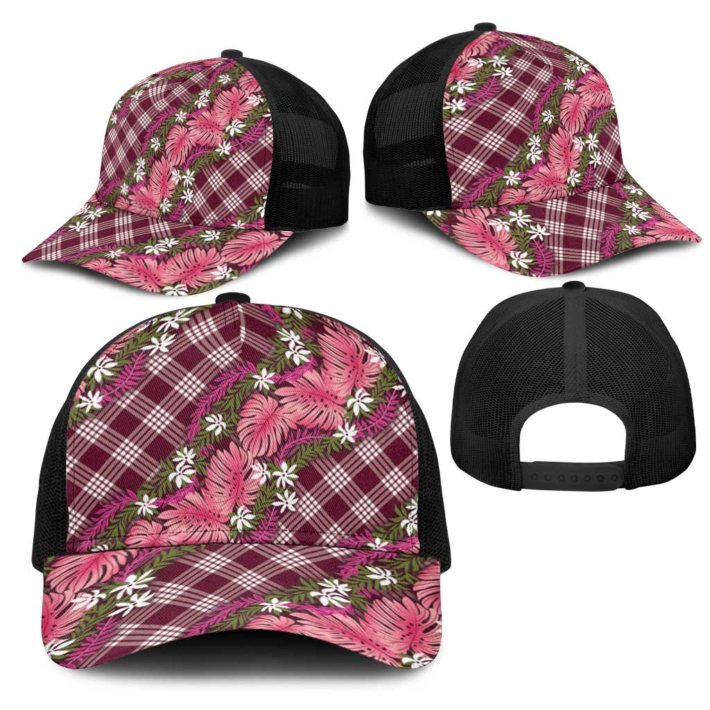 Polynesian Monstera Tiare Floral Mesh Trucker Cap Fuchsia Tropical Plaid - Polynesian Pride