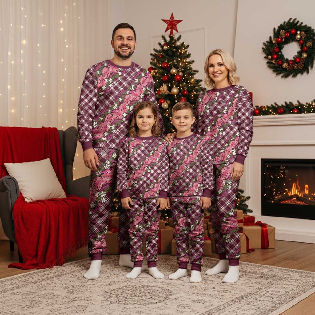 Polynesian Monstera Tiare Floral Christmas Pajama Set Fuchsia Tropical Plaid - Polynesian Pride