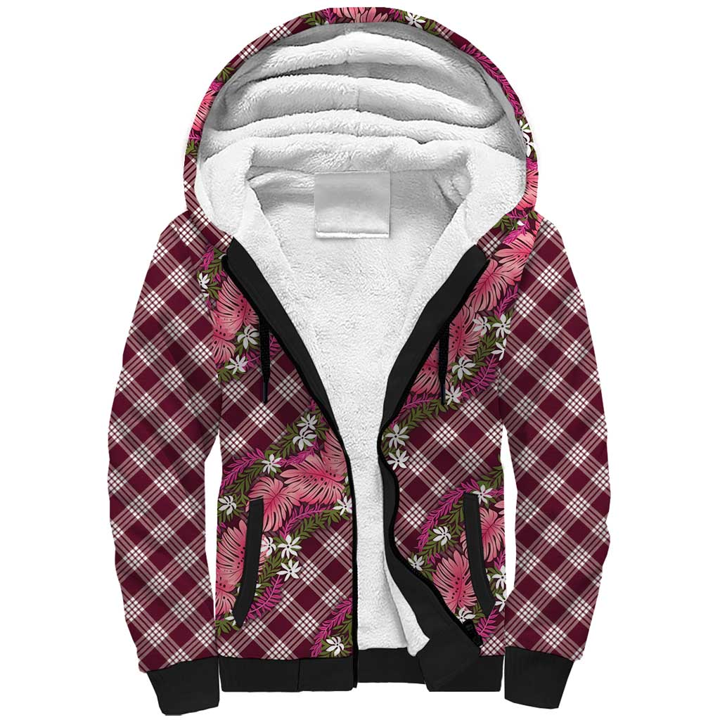 Polynesian Monstera Tiare Floral Sherpa Hoodie Fuchsia Tropical Plaid LT01 Unisex Pink - Polynesian Pride