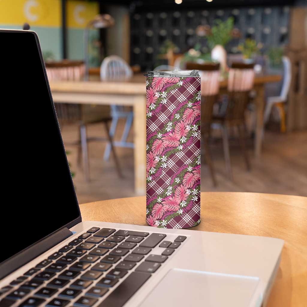 Polynesian Monstera Tiare Floral Skinny Tumbler Fuchsia Tropical Plaid - Polynesian Pride