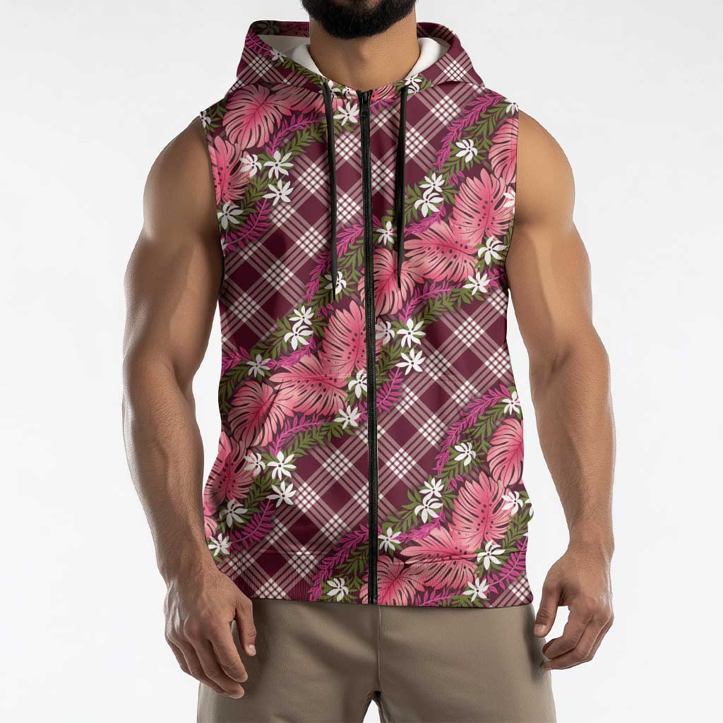 Polynesian Monstera Tiare Floral Sleeveless Zip Hoodie Fuchsia Tropical Plaid - Polynesian Pride