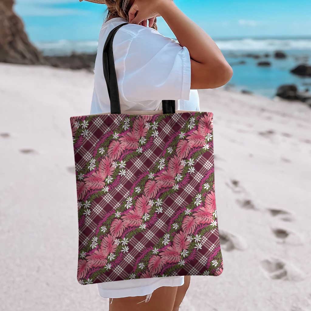 Polynesian Monstera Tiare Floral Tote Bag Fuchsia Tropical Plaid - Polynesian Pride