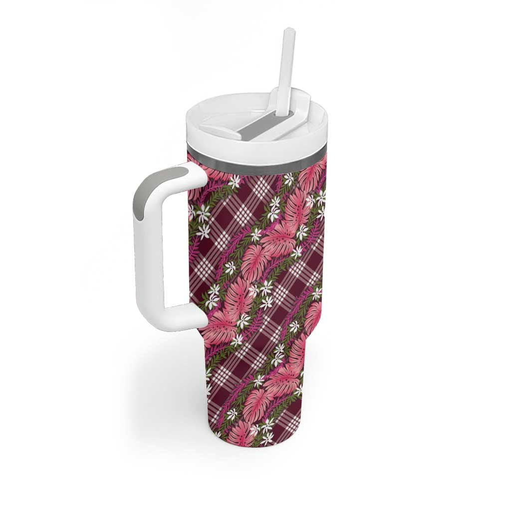 Polynesian Monstera Tiare Floral Tumbler With Handle Fuchsia Tropical Plaid - Polynesian Pride