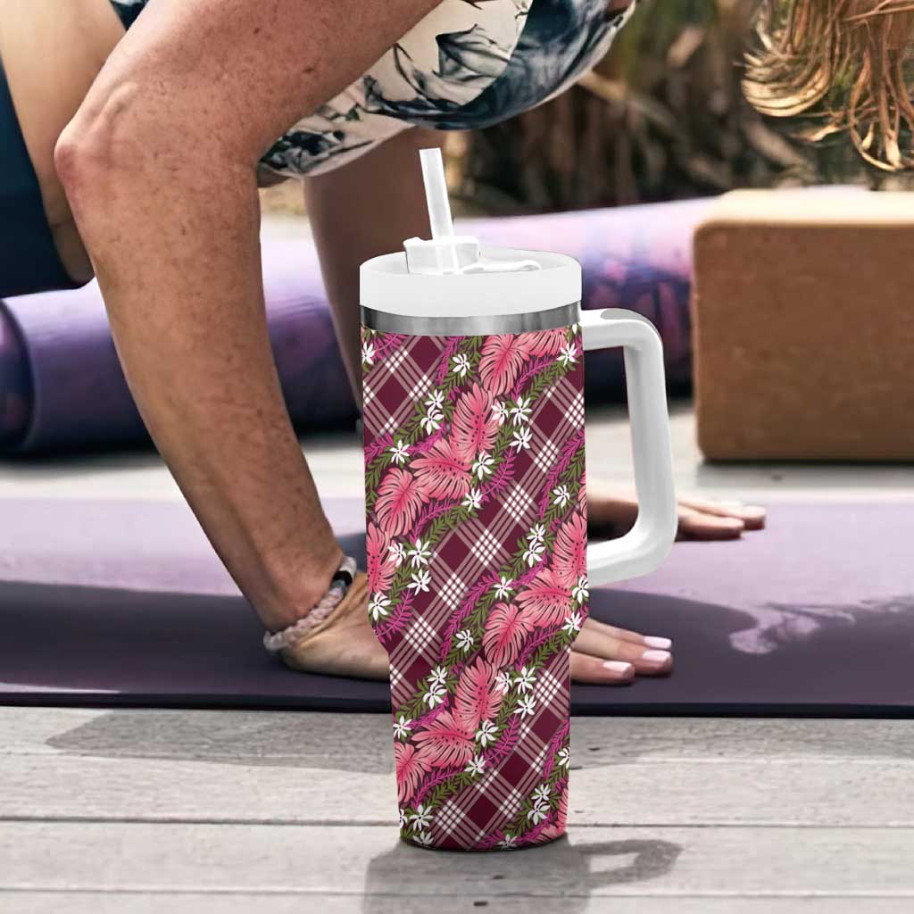 Polynesian Monstera Tiare Floral Tumbler With Handle Fuchsia Tropical Plaid - Polynesian Pride