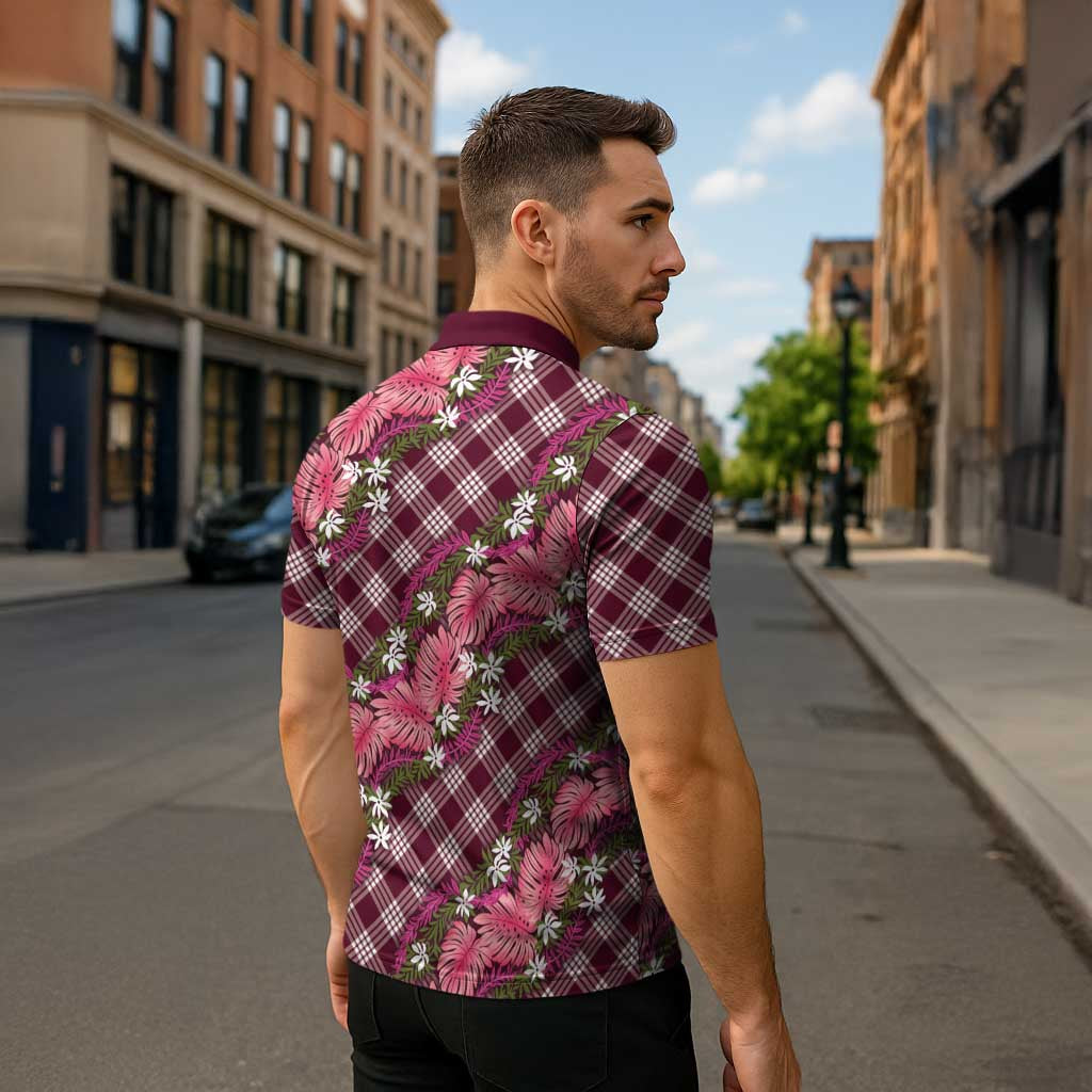 Polynesian Monstera Tiare Floral Zipper Polo Shirt Fuchsia Tropical Plaid - Polynesian Pride