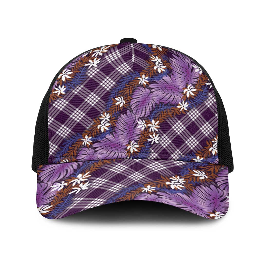 Polynesian Monstera Tiare Floral Baseball Net Cap Lavender Tropical Plaid - Polynesian Pride
