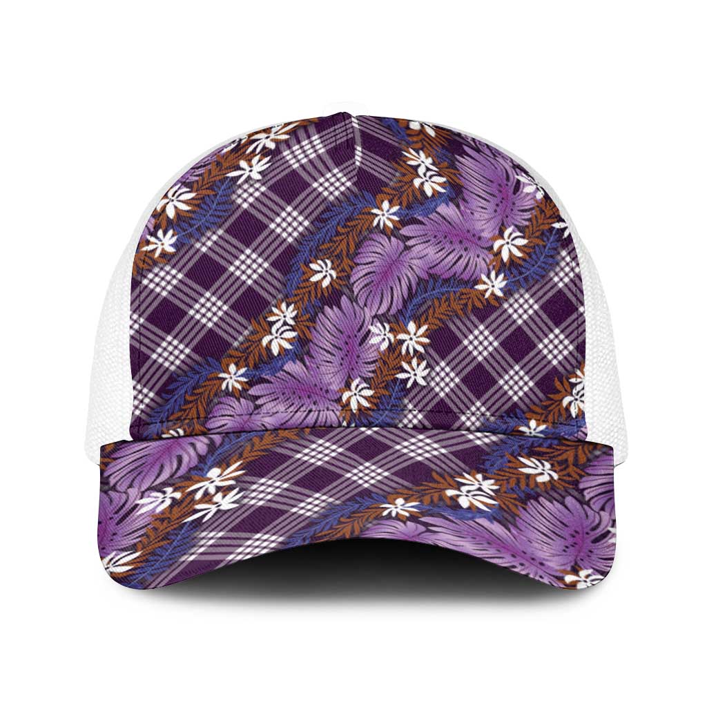 Polynesian Monstera Tiare Floral Baseball Net Cap Lavender Tropical Plaid - Polynesian Pride