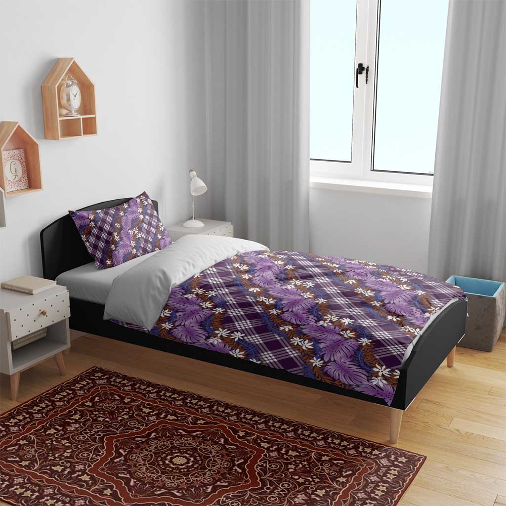 Polynesian Monstera Tiare Floral Bedding Set Lavender Tropical Plaid - Polynesian Pride