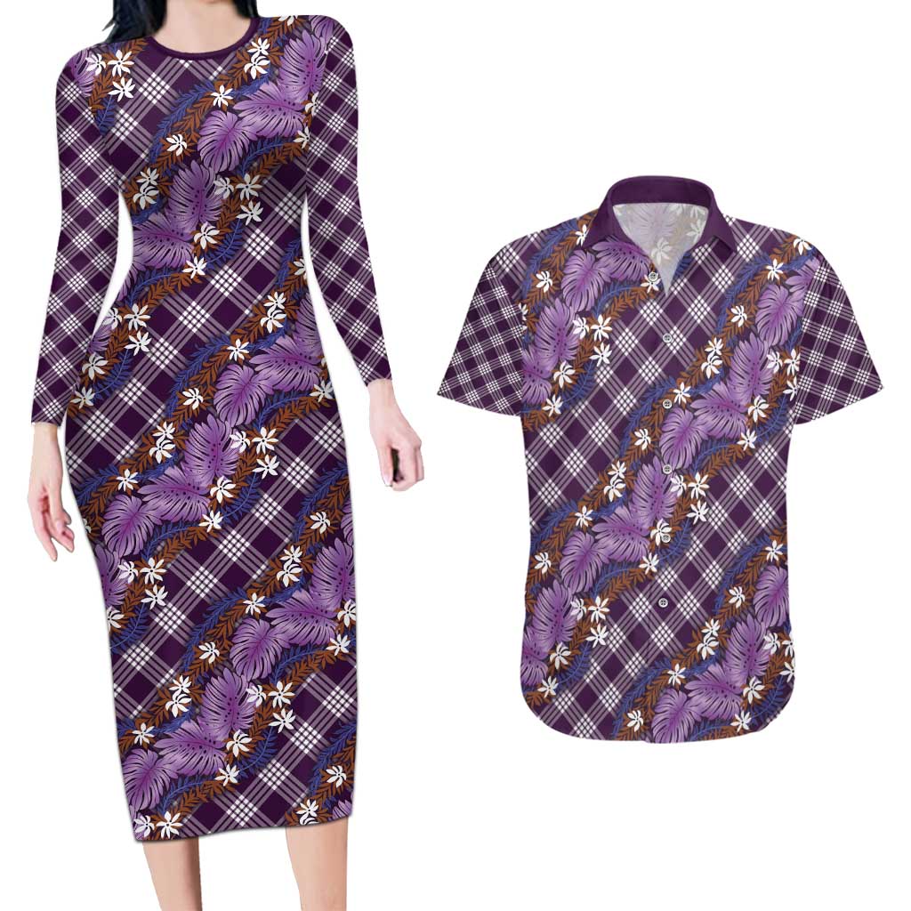 Polynesian Monstera Tiare Floral Couples Matching Long Sleeve Bodycon Dress and Hawaiian Shirt Lavender Tropical Plaid LT01 Purple - Polynesian Pride