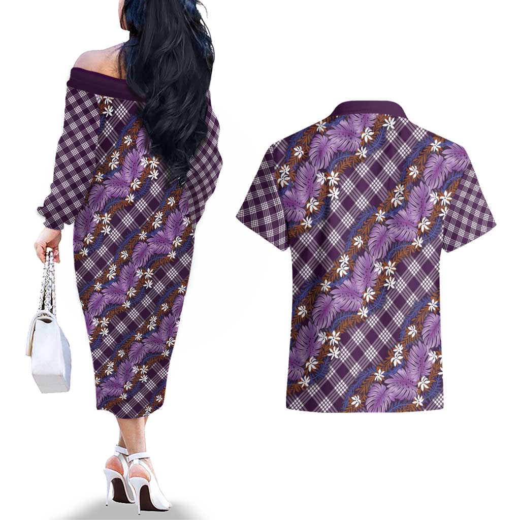 Polynesian Monstera Tiare Floral Couples Matching Off The Shoulder Long Sleeve Dress and Hawaiian Shirt Lavender Tropical Plaid LT01 - Polynesian Pride