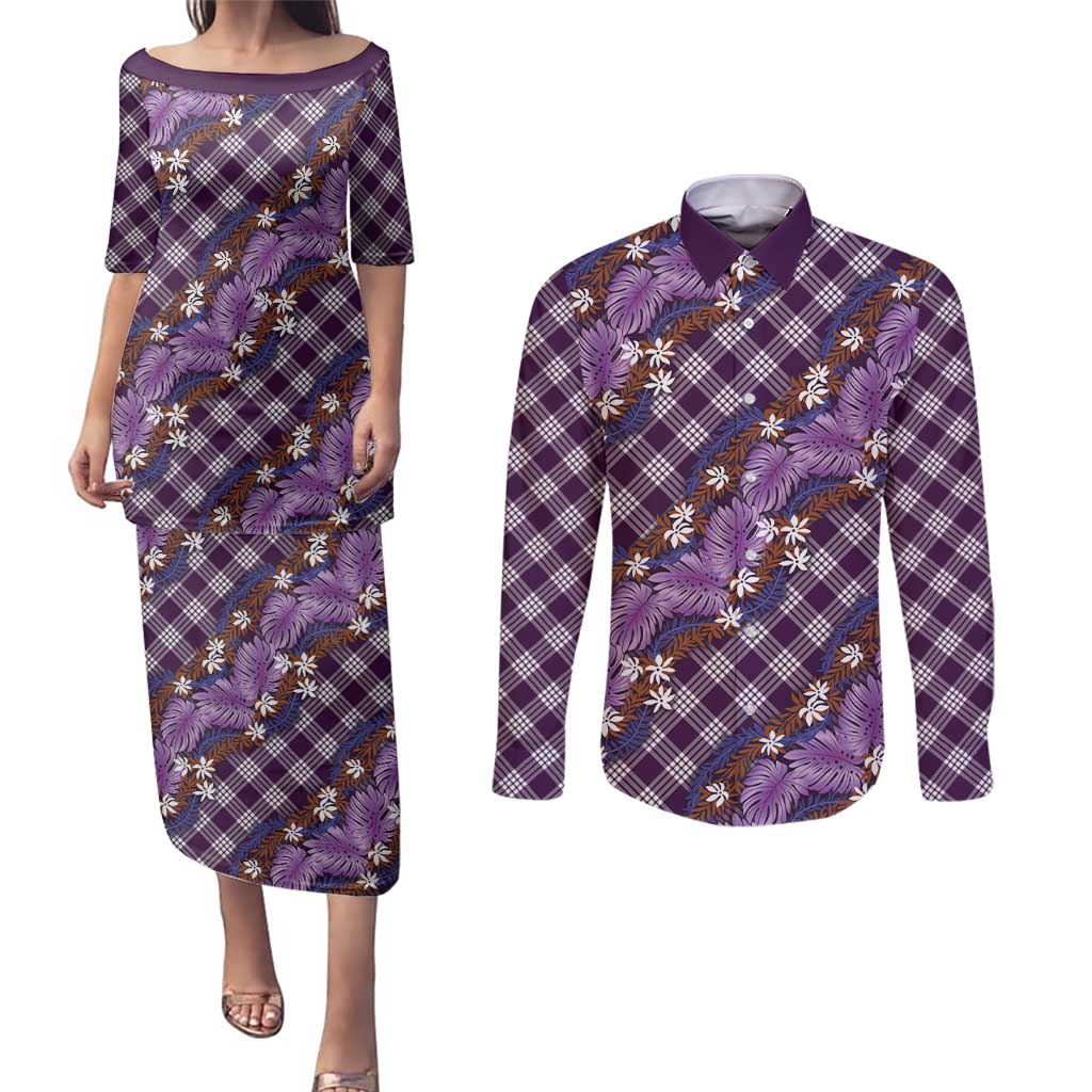 Polynesian Monstera Tiare Floral Couples Matching Puletasi and Long Sleeve Button Shirt Lavender Tropical Plaid - Polynesian Pride