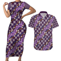 Polynesian Monstera Tiare Floral Couples Matching Short Sleeve Bodycon Dress and Hawaiian Shirt Lavender Tropical Plaid LT01 Purple - Polynesian Pride