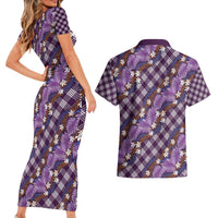 Polynesian Monstera Tiare Floral Couples Matching Short Sleeve Bodycon Dress and Hawaiian Shirt Lavender Tropical Plaid LT01 - Polynesian Pride