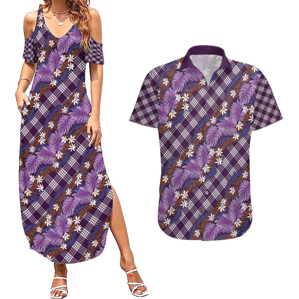 Polynesian Monstera Tiare Floral Couples Matching Summer Maxi Dress and Hawaiian Shirt Lavender Tropical Plaid LT01 Purple - Polynesian Pride