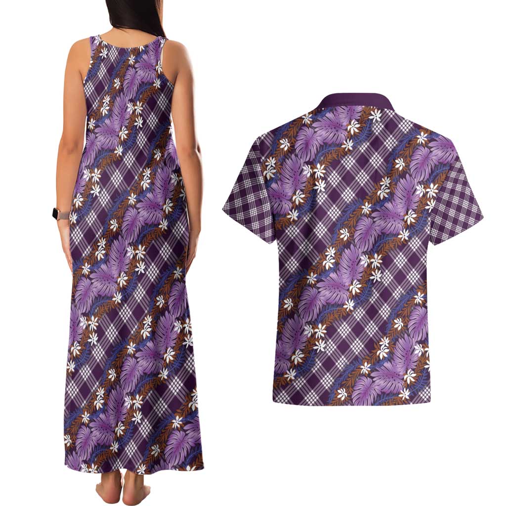 Polynesian Monstera Tiare Floral Couples Matching Tank Maxi Dress and Hawaiian Shirt Lavender Tropical Plaid - Polynesian Pride