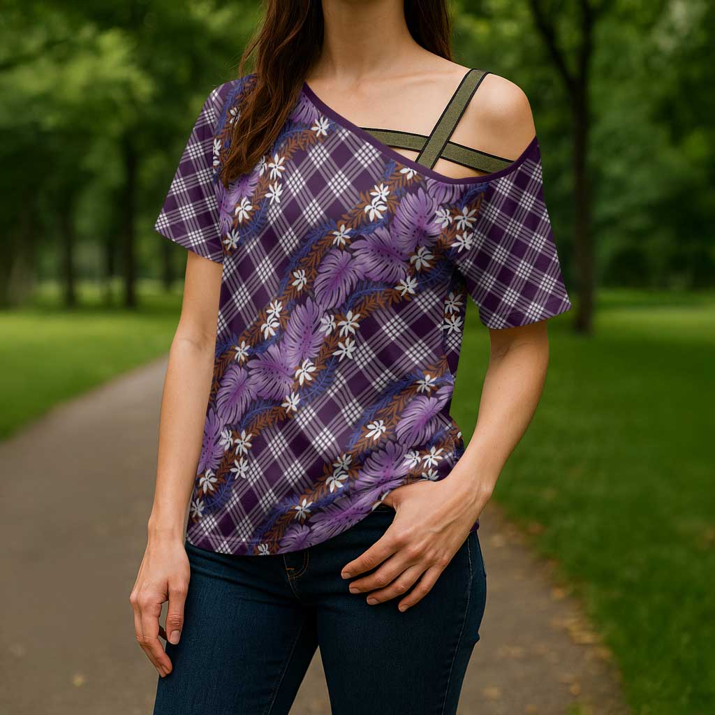 Polynesian Monstera Tiare Floral Cross Shoulder Shirt Lavender Tropical Plaid - Polynesian Pride