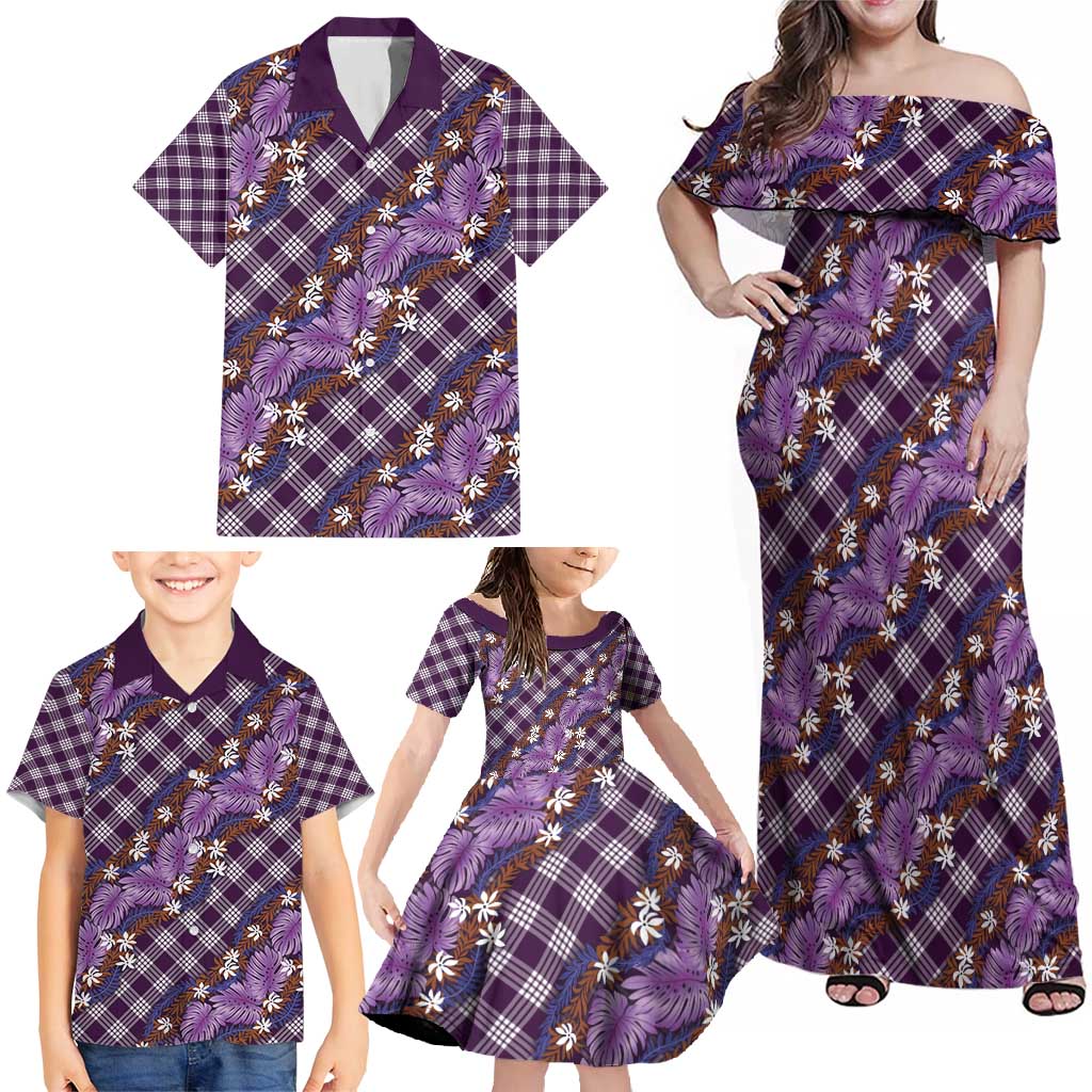 Polynesian Monstera Tiare Floral Family Matching Off Shoulder Maxi Dress and Hawaiian Shirt Lavender Tropical Plaid LT01 - Polynesian Pride