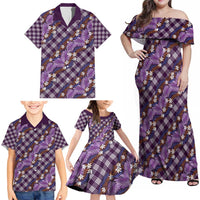 Polynesian Monstera Tiare Floral Family Matching Off Shoulder Maxi Dress and Hawaiian Shirt Lavender Tropical Plaid LT01 - Polynesian Pride