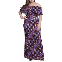 Polynesian Monstera Tiare Floral Family Matching Off Shoulder Maxi Dress and Hawaiian Shirt Lavender Tropical Plaid LT01 Mom's Dress Purple - Polynesian Pride