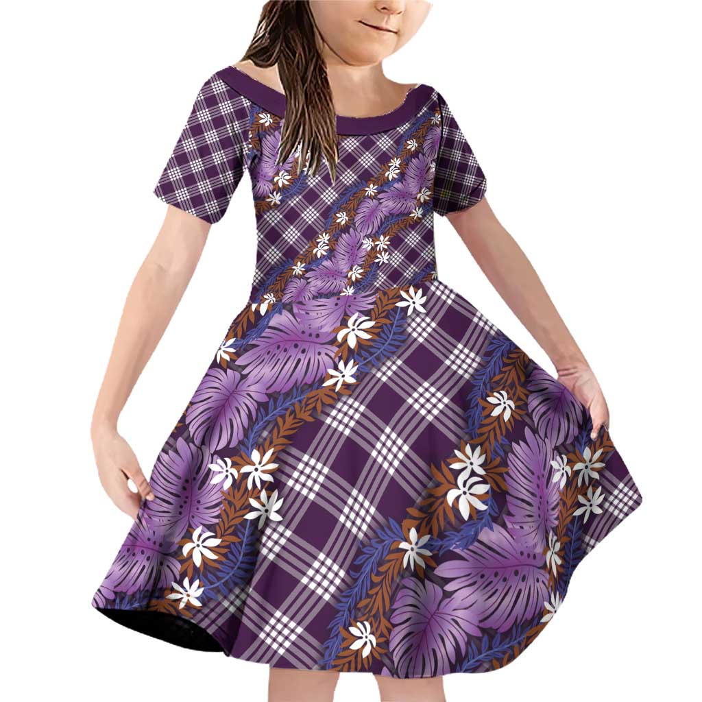 Polynesian Monstera Tiare Floral Family Matching Off Shoulder Short Dress and Hawaiian Shirt Lavender Tropical Plaid LT01 Daughter's Dress Purple - Polynesian Pride