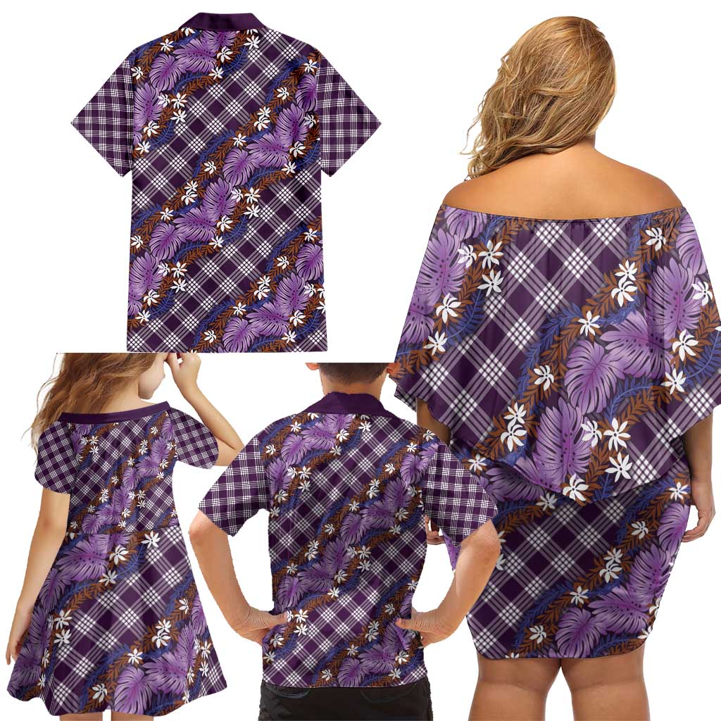 Polynesian Monstera Tiare Floral Family Matching Off Shoulder Short Dress and Hawaiian Shirt Lavender Tropical Plaid LT01 - Polynesian Pride