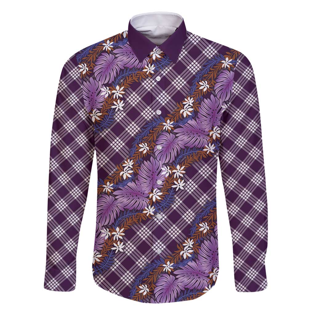 Polynesian Monstera Tiare Floral Family Matching Off Shoulder Short Dress and Hawaiian Shirt Lavender Tropical Plaid LT01 Dad's Shirt - Long Sleeve Purple - Polynesian Pride
