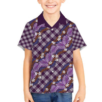 Polynesian Monstera Tiare Floral Family Matching Off Shoulder Short Dress and Hawaiian Shirt Lavender Tropical Plaid LT01 Son's Shirt Purple - Polynesian Pride