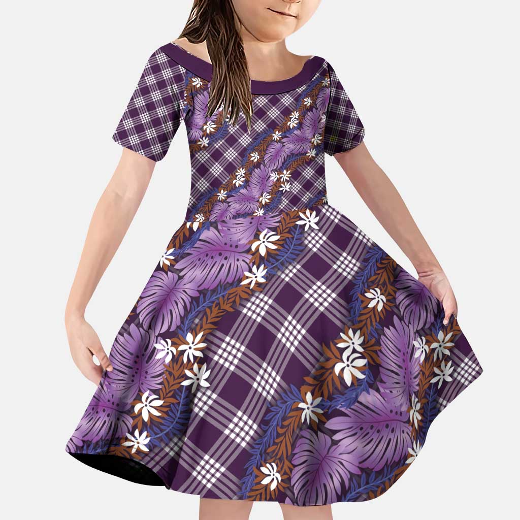 Polynesian Monstera Tiare Floral Family Matching Puletasi and Hawaiian Shirt Lavender Tropical Plaid LT01 Daughter's Dress Purple - Polynesian Pride