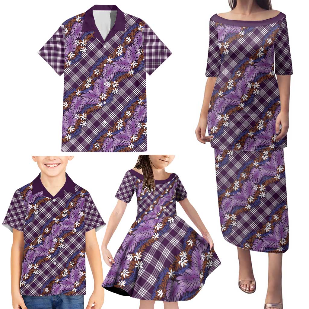 Polynesian Monstera Tiare Floral Family Matching Puletasi and Hawaiian Shirt Lavender Tropical Plaid LT01 - Polynesian Pride