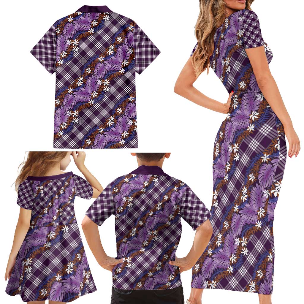 Polynesian Monstera Tiare Floral Family Matching Short Sleeve Bodycon Dress and Hawaiian Shirt Lavender Tropical Plaid LT01 - Polynesian Pride