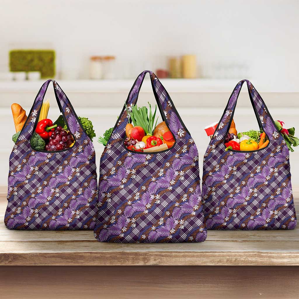 Polynesian Monstera Tiare Floral Grocery Bag Lavender Tropical Plaid - Polynesian Pride