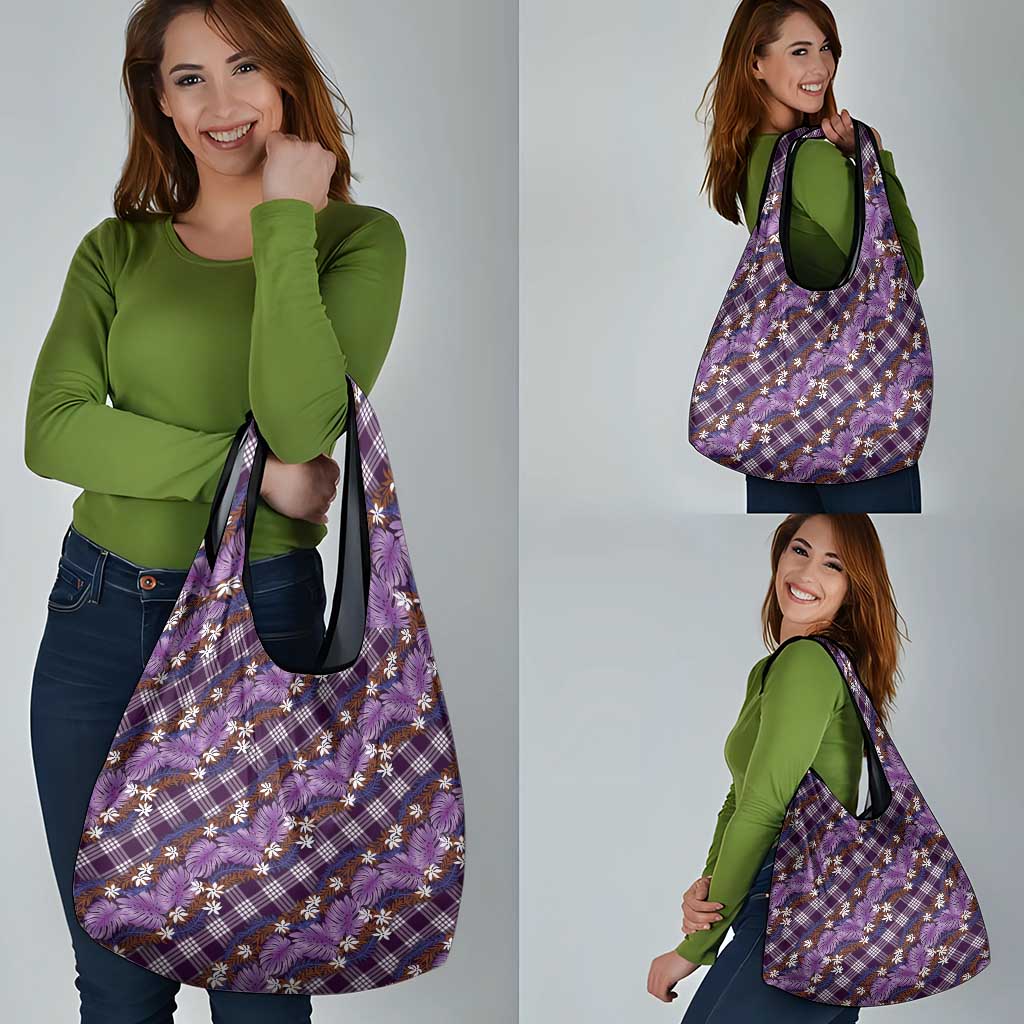 Polynesian Monstera Tiare Floral Grocery Bag Lavender Tropical Plaid - Polynesian Pride