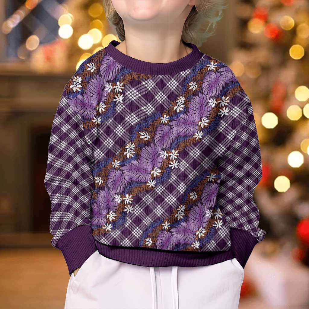 Polynesian Monstera Tiare Floral Kid Ugly Christmas Sweater Lavender Tropical Plaid - Polynesian Pride