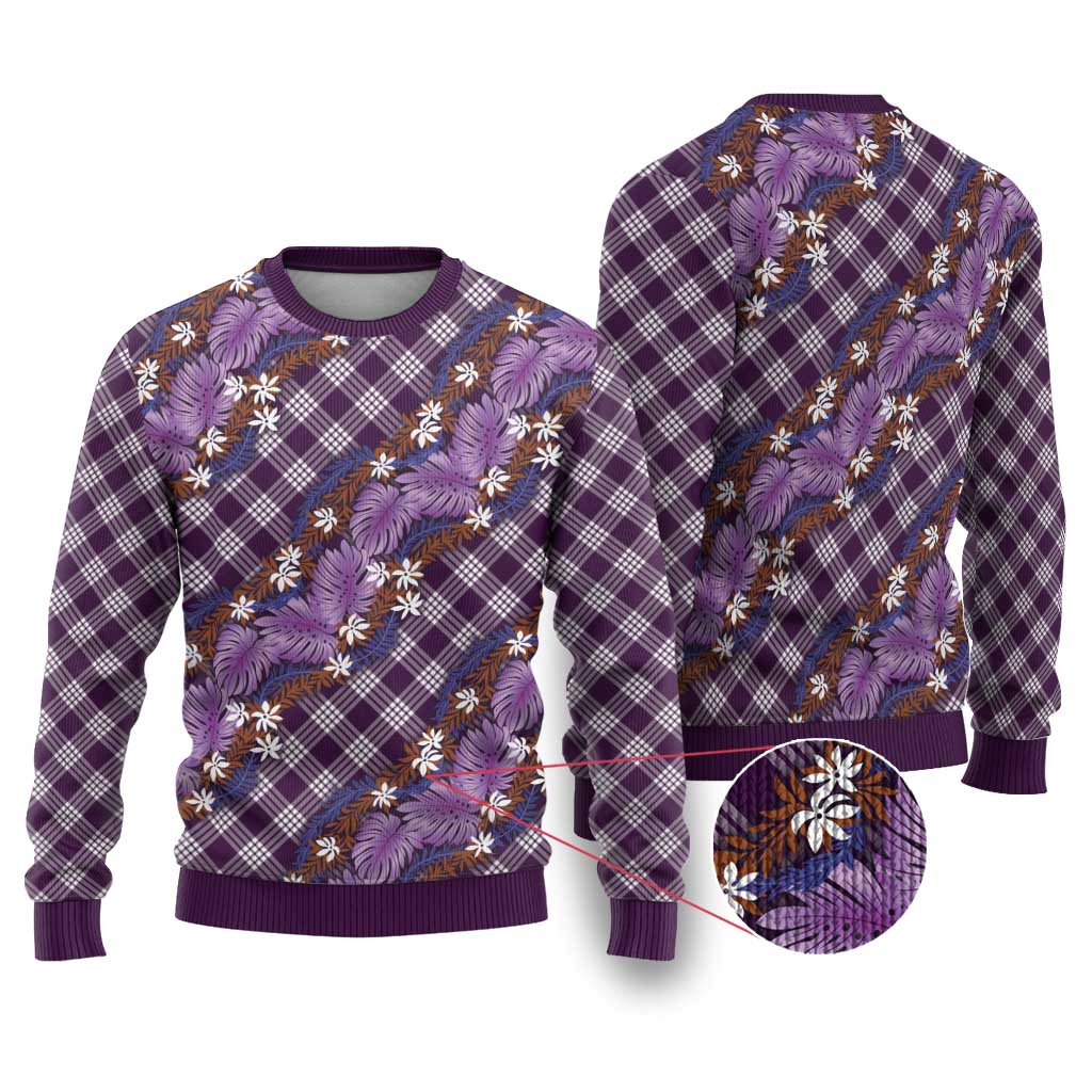 Polynesian Monstera Tiare Floral Ugly Christmas Sweater Lavender Tropical Plaid - Polynesian Pride