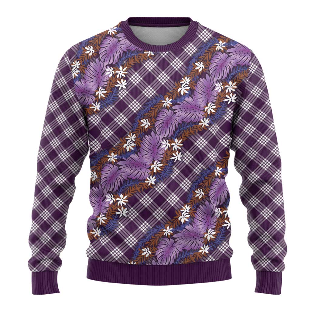 Polynesian Monstera Tiare Floral Ugly Christmas Sweater Lavender Tropical Plaid - Polynesian Pride