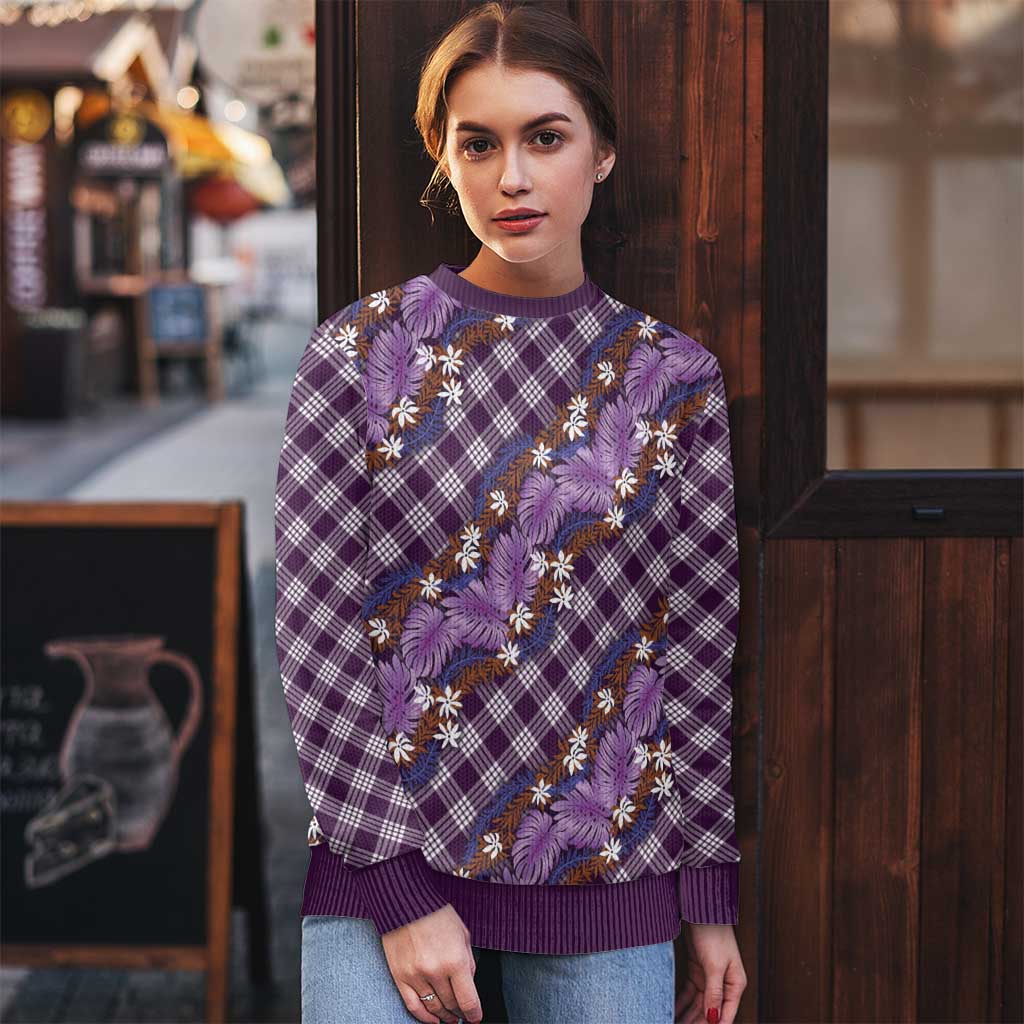 Polynesian Monstera Tiare Floral Ugly Christmas Sweater Lavender Tropical Plaid - Polynesian Pride