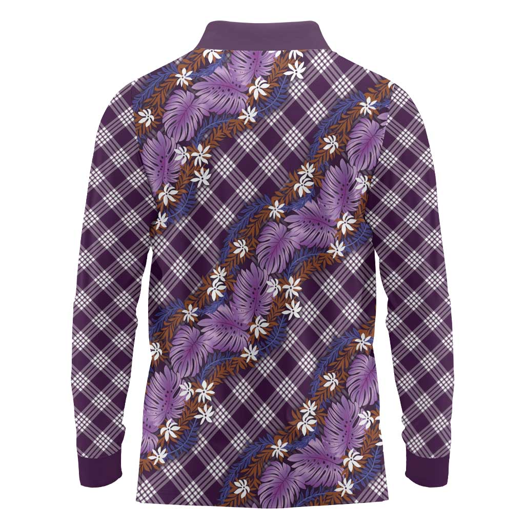 Polynesian Monstera Tiare Floral Long Sleeve Polo Shirt Lavender Tropical Plaid LT01 - Polynesian Pride