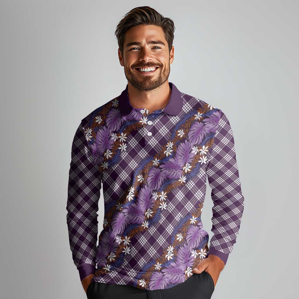Polynesian Monstera Tiare Floral Long Sleeve Polo Shirt Lavender Tropical Plaid LT01 - Polynesian Pride