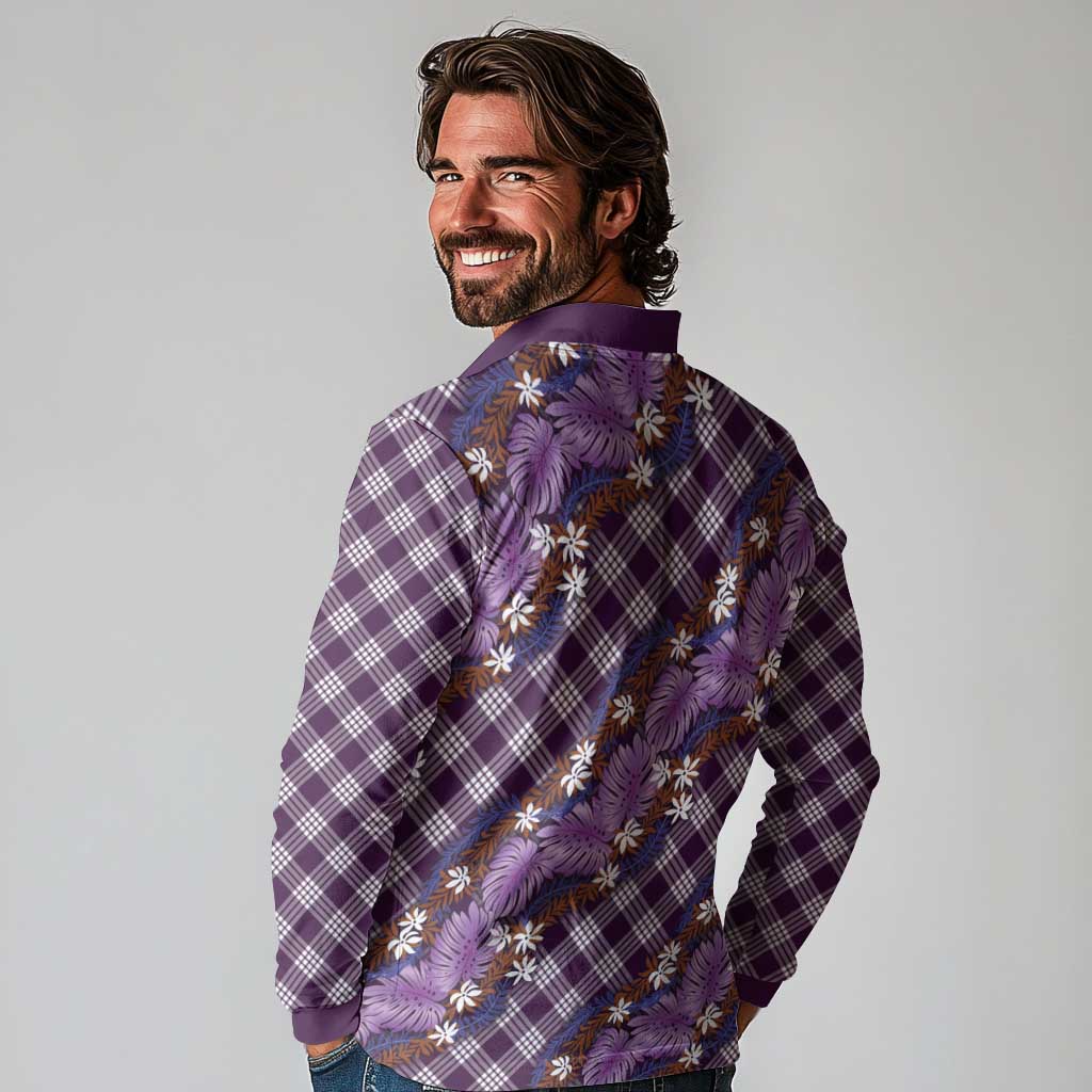 Polynesian Monstera Tiare Floral Long Sleeve Polo Shirt Lavender Tropical Plaid LT01 - Polynesian Pride